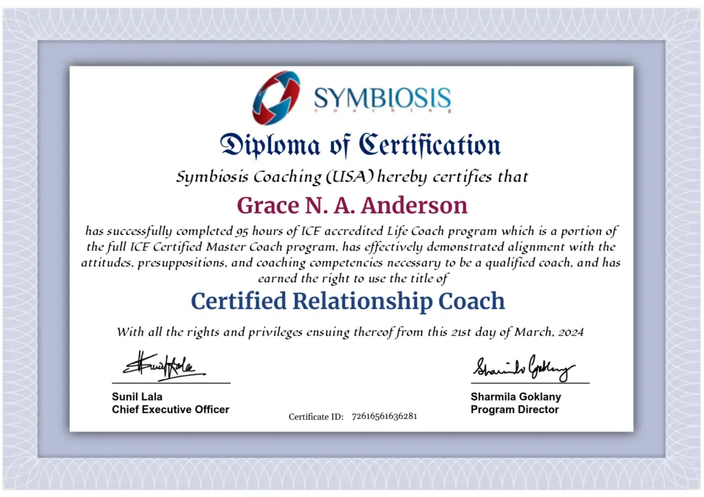 Diploma certificate from Symbiosis Coaching awarded to Grace N. A. Anderson for Certified Relationship Coach with signatures at bottom and certificate ID