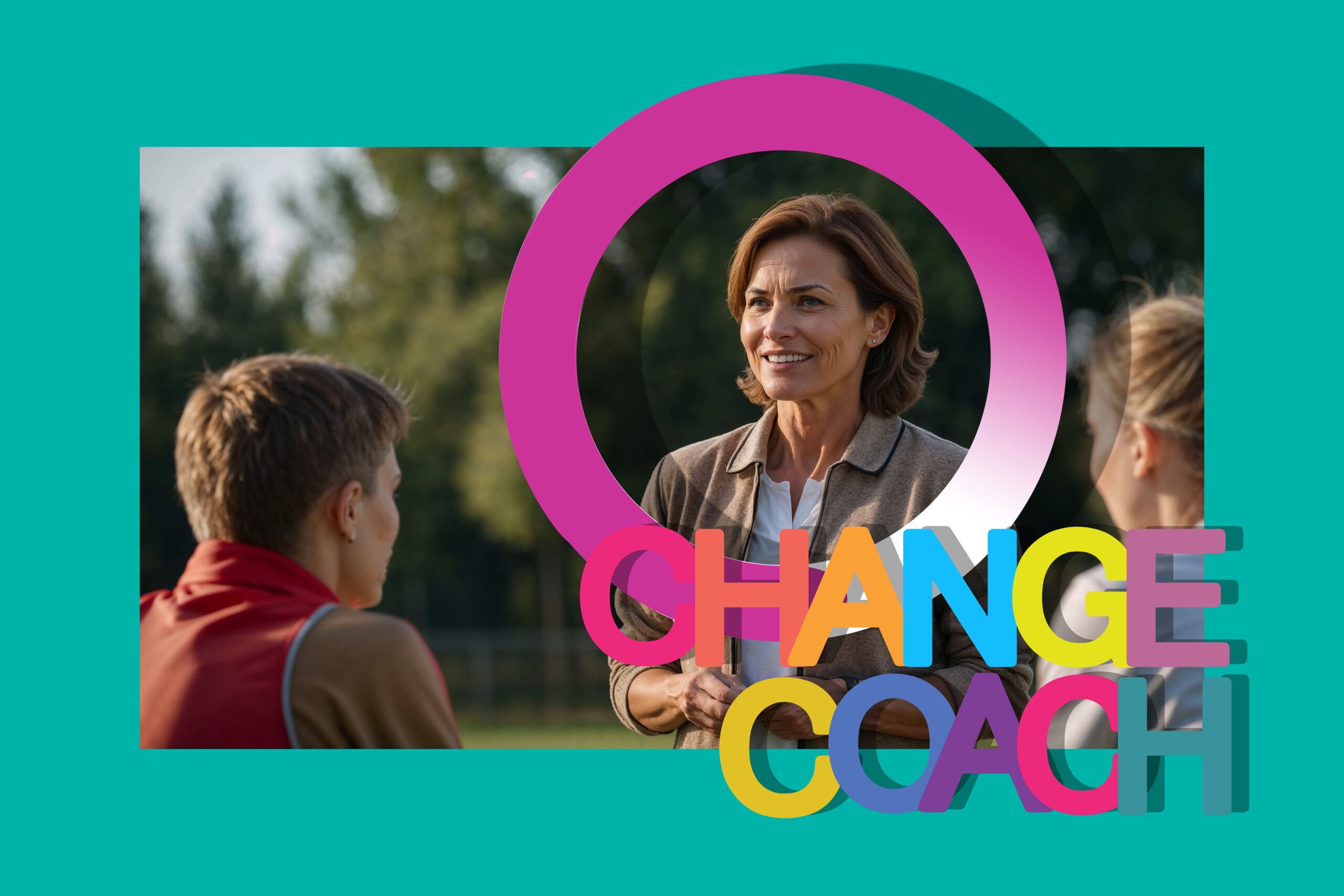 Two women converse outdoors with a large pink ring and colorful 'CHANGE' text overlaying the scene.
