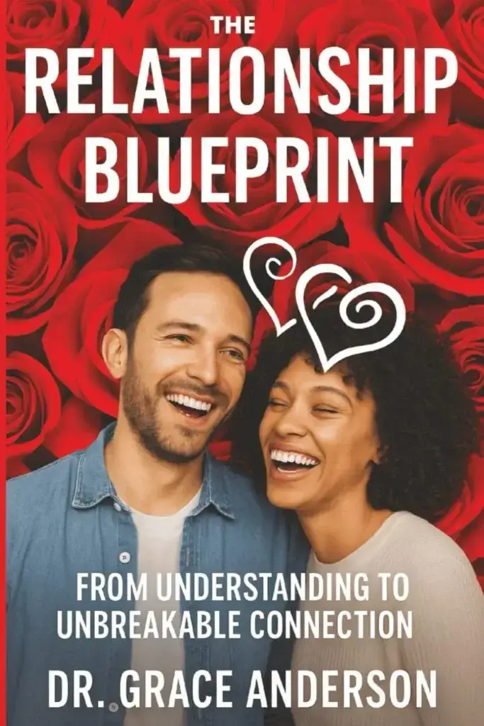 Book cover of The Relationship Blueprint: From Understanding to Unbreakable Connection by Dr. Grace Anderson, featuring a happy smiling couple against a red roses background.