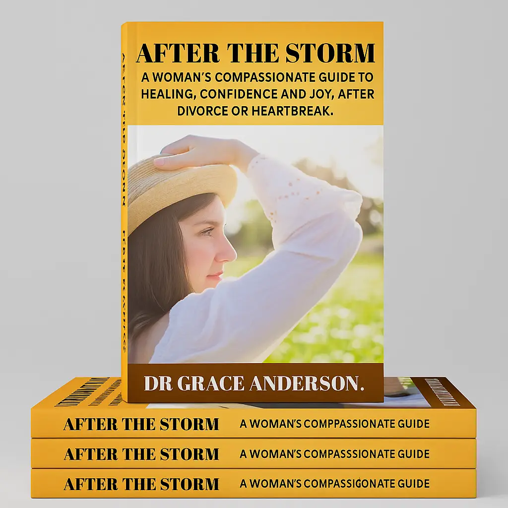 Book cover: 'After the Storm' self-help guide about healing after divorce or heartbreak by Dr. Grace Anderson, features a woman outdoors wearing a hat.