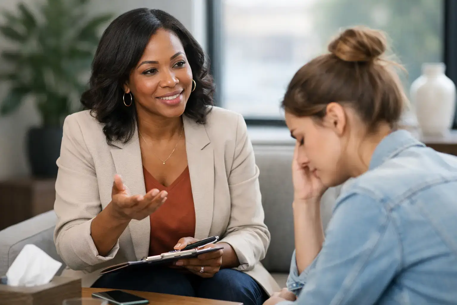 Woman with a blazer and rust-colored top speaks, gesturing with her hand while holding a clipboard in a cozy office setting with a younger woman listening thoughtfully.