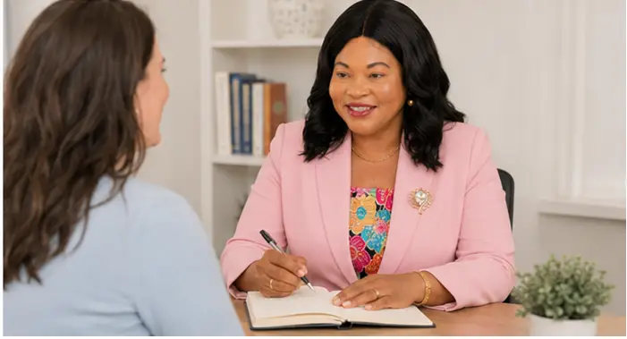 Professional woman in a pink blazer sits across from a client, taking notes in a notebook during a meeting in an office.