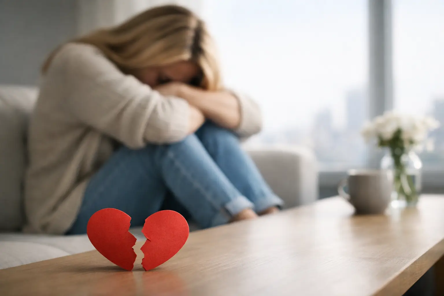 Woman sitting on a couch with her head bowed and arms resting on her knees, a broken red paper heart on a wooden coffee table in the foreground.