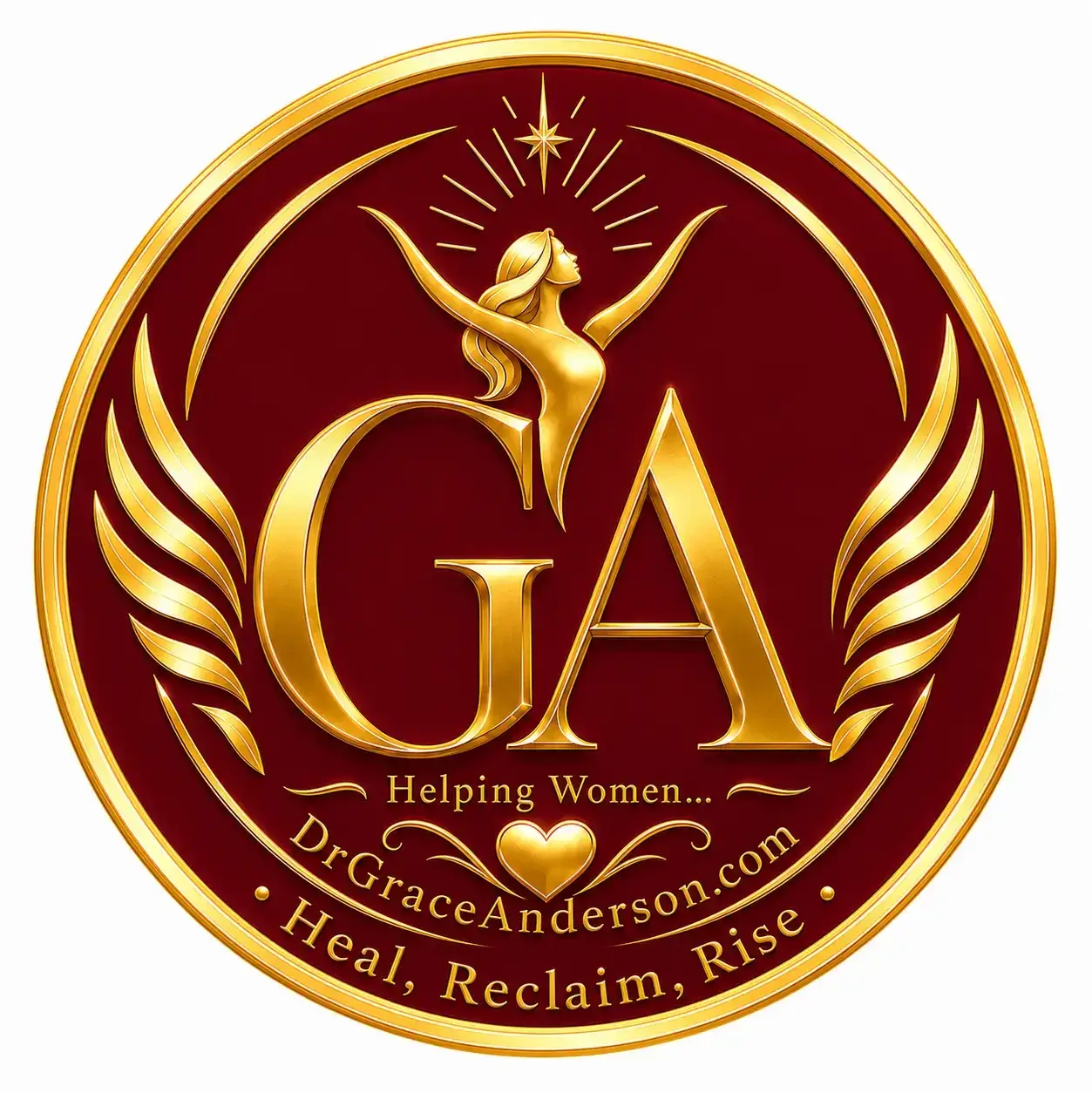 Gold round badge with large 'GA' initials, a stylized woman figure, wings, and 'Helping Women' motto; DrGraceAnderson.com logo.
