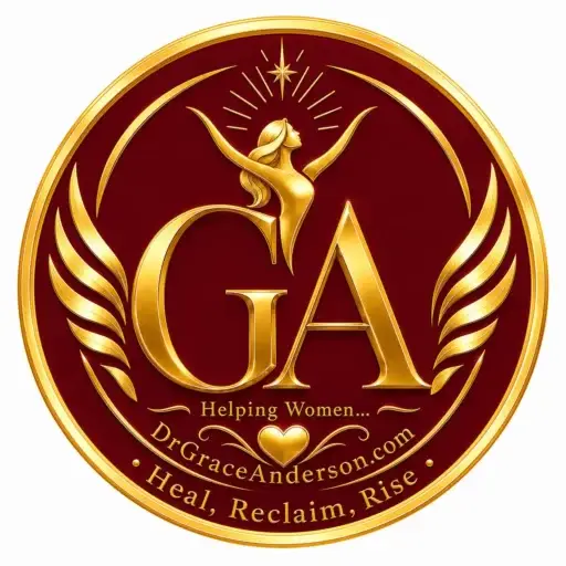 Gold round badge with large 'GA' initials, a stylized woman figure, wings, and 'Helping Women' motto; DrGraceAnderson.com logo.