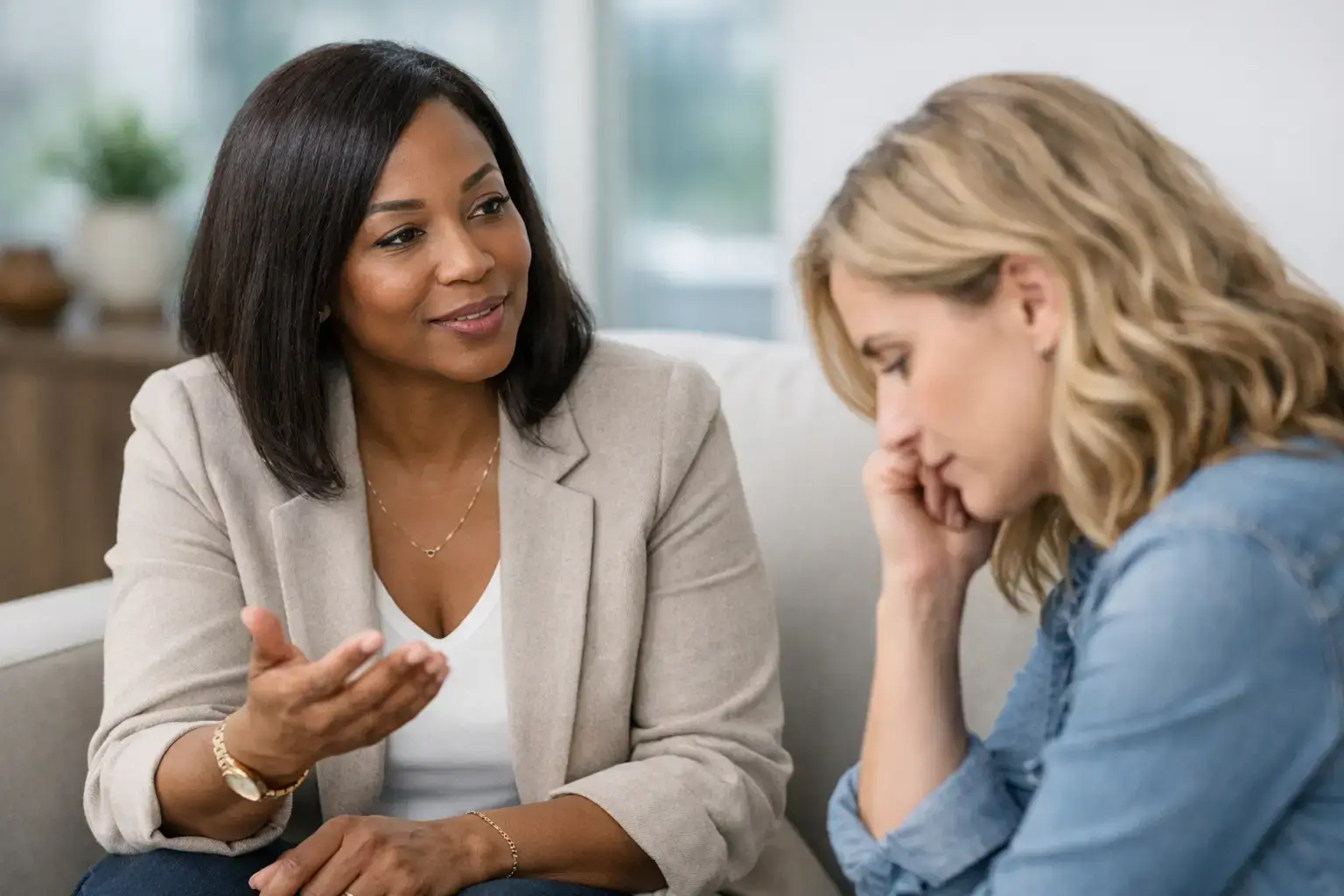 Two women sit on a couch engaged in a supportive conversation; the woman on the left speaks with a gesture while wearing a beige blazer and white top, the woman on the right listens with her head resting on her hand in a denim shirt.