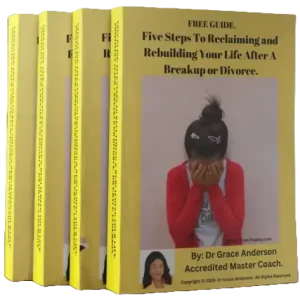 A stack of yellow free guide books titled Five Steps To Reclaiming and Rebuilding Your Life After A Breakup or Divorce by Dr. Grace Anderson Accredited Master Coach.